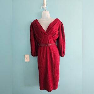 Vixen by Micheline Pitt Red Sheath Dress with Plunge Neckline and Bishop Sleeves